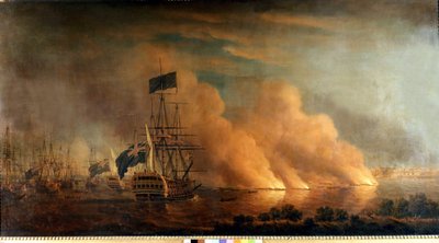 Attacco notturno dei brulotti francesi contro la flotta inglese nel porto di Quebec: presa dagli inglesi il 28/06/1759. Dipinto. da Unknown artist
