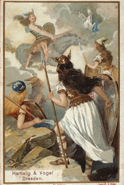 Mitologia nordica: Le Valchirie (vergini guerriere) in Valhalla e la caduta dei guerrieri in battaglia. Cromolitografia del XIX secolo da Unknown artist