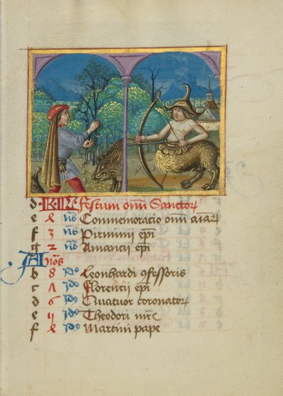 Pagina del calendario di novembre; Raccogliere ghiande per i maiali; Sagittario da Unknown artist