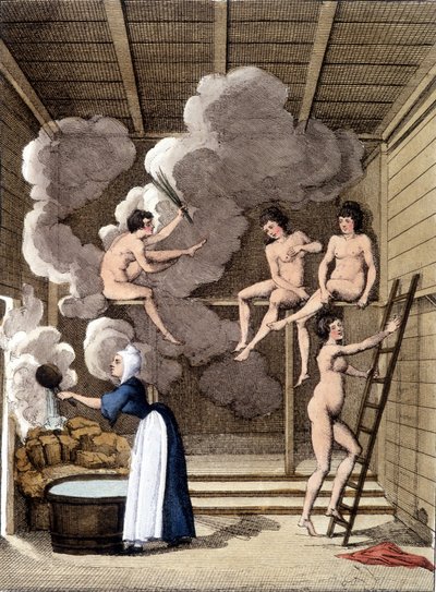 Personaggi nudi in una sauna finlandese. Incisione del 1811 inclusa in un libro sul viaggio. da Unknown artist