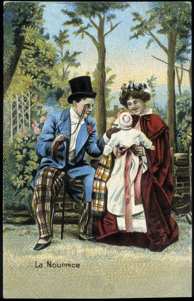 Balia con un bambino che conversa con un uomo in un parco - cromolitografia, fine XIX secolo da Unknown artist