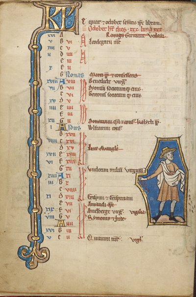 Pagina del calendario di ottobre; Semina da Unknown artist