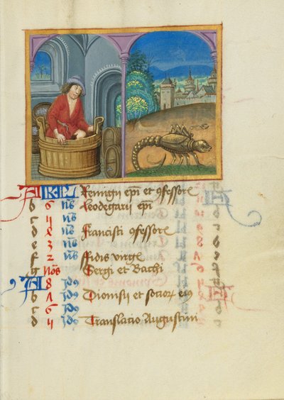 Pagina del calendario di ottobre; Uva da calpestare; Scorpione da Unknown artist
