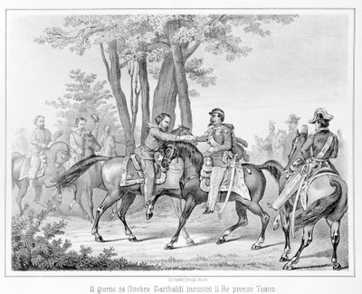 Il 26 ottobre 1860, Giuseppe Garibaldi incontrò il re Vittorio Emanuele II vicino a Teano. Incisione del XIX secolo da Unknown artist