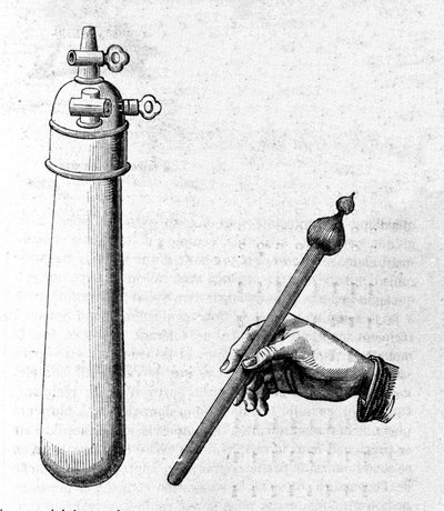 A sinistra un contenitore utilizzato per il primo esperimento del martello ad acqua (rappresentato a destra) per dimostrare che nel vuoto, i liquidi cadono come una massa solida. Incisione da Unknown artist