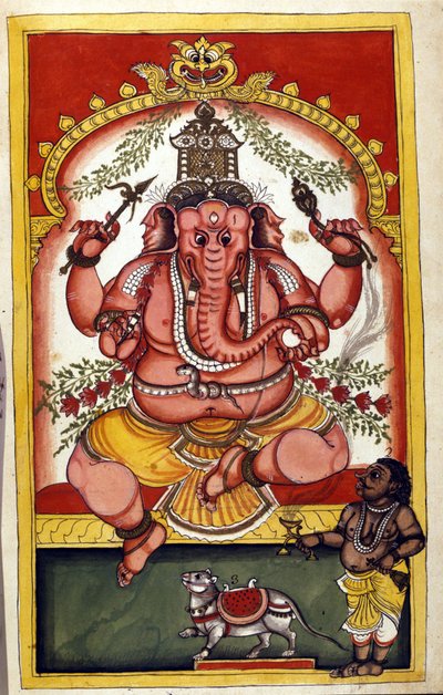 Pagina raffigurante la divinità indù Ganesha, patrono dei commercianti, viaggiatori e ladri. Pagina tratta dal manoscritto 