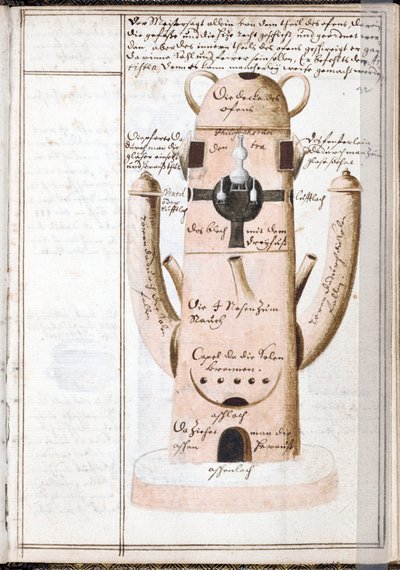 Pagina di un taccuino di alchimia, una macchina alchemica da Unknown artist