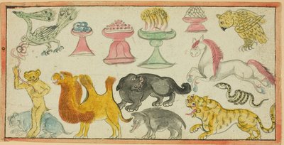 Pagina di un manoscritto con immagini di animali e offerte propiziatorie da Unknown artist