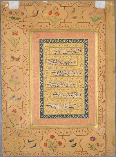 Pagina dal tardo album di Shah Jahan: Calligrafia incorniciata da un bordo ornamentale con papaveri e coppie di uccelli (verso) da Unknown artist