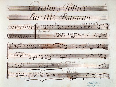 Pagina di spartito musicale di Castor et Pollux, tragedia lirica di Rameau (1737) da Unknown artist