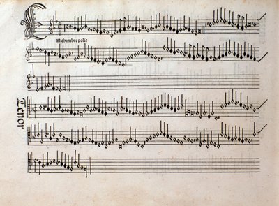 Pagina di spartito musicale di Harmonice Musices Odhecaton di Ottaviano Petrucci (1501) da Unknown artist