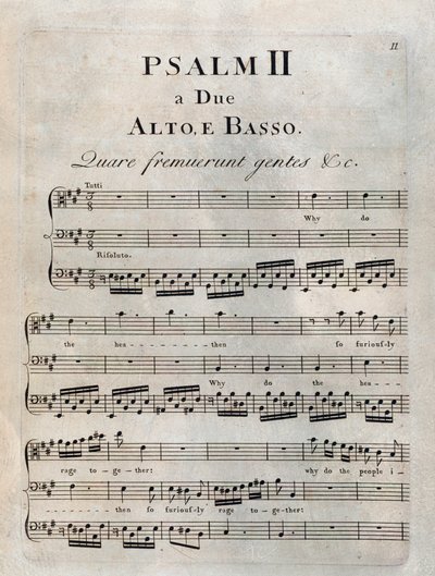 Pagina del secondo salmo nella partitura musicale di "I salmi" di Benedetto Marcello da Unknown artist