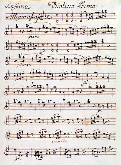 Pagina della partitura per il primo violino della Sinfonia n. 4 in re, di Mozart (1765) da Unknown artist