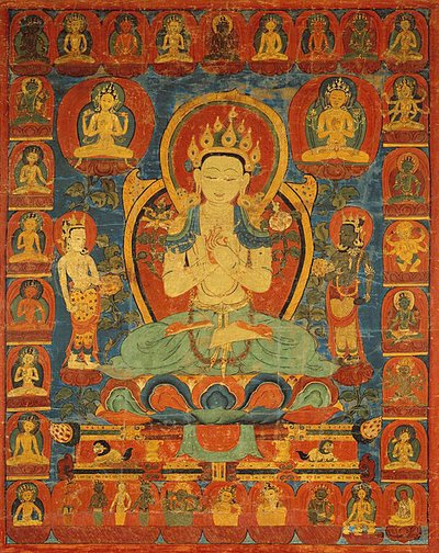 Stendardo dipinto (Thangka) di Bodhisattva Maitreya circondato dal suo seguito da Unknown artist
