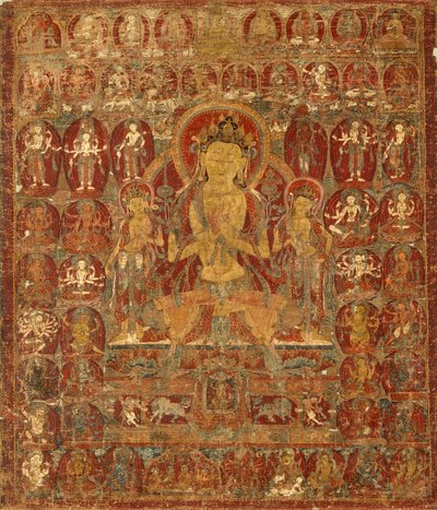 Stendardo dipinto (Thangka) del Bodhisattva Manjushri con Vajrapani (a destra) e Padmapani (a sinistra) da Unknown artist