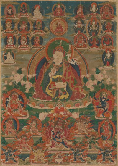 Stendardo dipinto (Thangka) del saggio Guru Padmasambhava seduto che regge un fulmine (Vajra) e una coppa cranica (Kapala) da Unknown artist