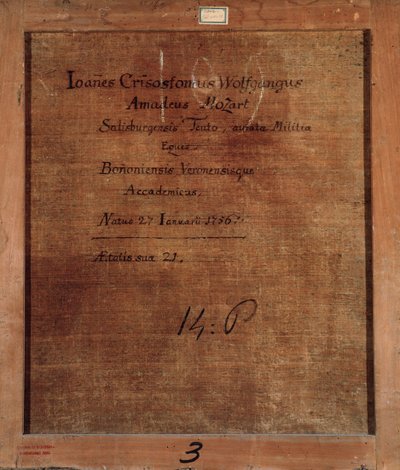 Retro del dipinto con ritratto di Mozart all