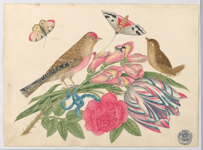 Coppia di uccelli marroni su bouquet con tulipano, rosa e bocche di leone, con farfalle da Unknown artist
