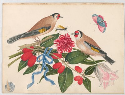 Coppia di uccelli marroni con fiori, bacche e una farfalla da Unknown artist