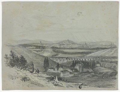 Vista panoramica di un ponte ferroviario e della città da Unknown artist