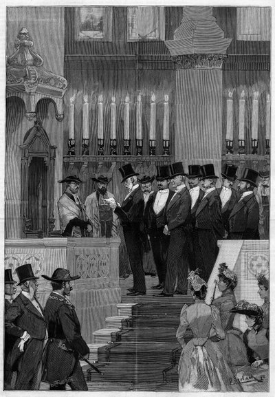 Parigi 1890: Installazione di Zadoc Kahn (1839-1905) gran rabbino di Francia. Monsieur Alphonse de Rothschild (1827-1905) legge l
