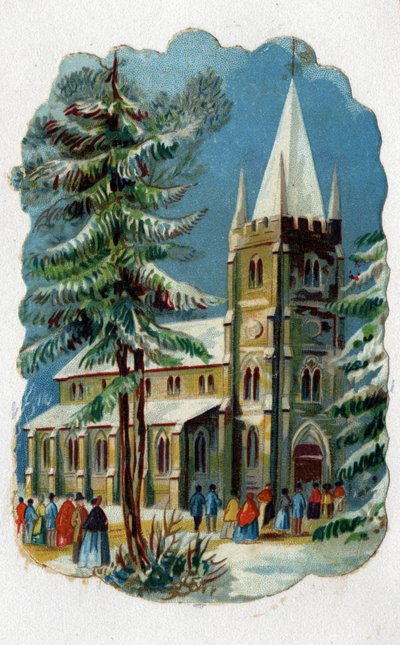 Parrocchiani che vanno in chiesa per la messa domenicale. Cromolitografia intorno al 1890 da Unknown artist