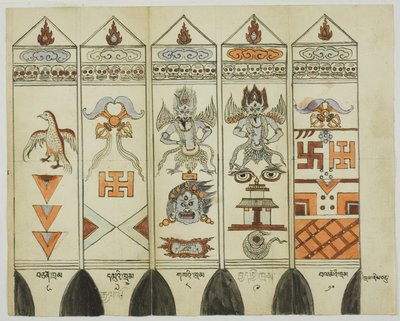 Parte di un set di dieci pezzi di pali rituali stampati (Khram Shing) da Unknown artist