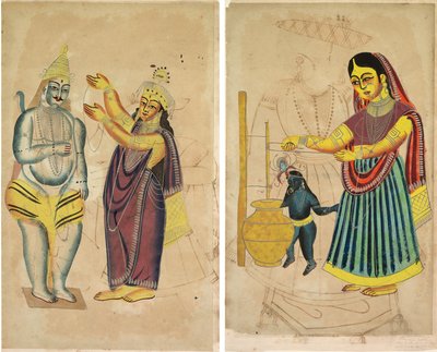 Parvati mette una ghirlanda nuziale su Shiva (recto); Yasoda che sbatte il burro (verso) da Unknown artist