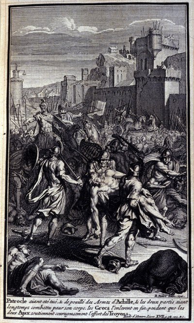Patroclo, ucciso e spogliato delle armi di Achille, e le due parti che combattono a lungo per il suo corpo, i Greci alla fine lo portano via mentre i due Aiace sostengono coraggiosamente lo sforzo dei Troiani; Illustrazione del libro XVII dell
