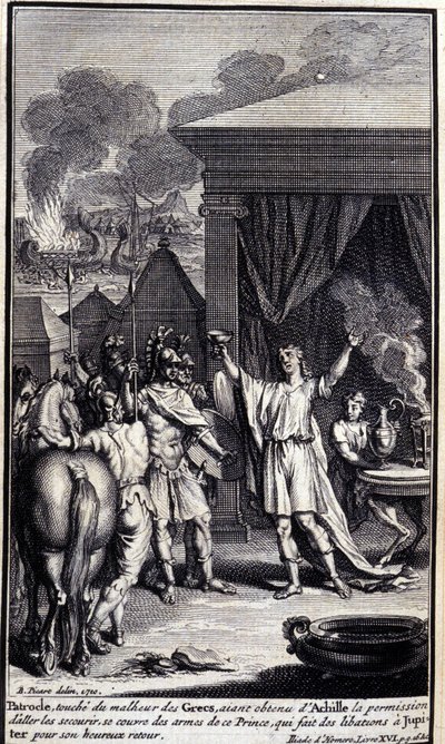 Patroclo, toccato dalla sventura dei Greci, avendo ottenuto il permesso da Achille di andare a soccorrerli, si copre con le armi di questo principe, che fa libagioni a Giove per il suo felice ritorno. Illustrazione del libro XVI dell