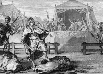 Pipino il Breve (714-768), il nuovo re dei Franchi, dimostra il suo coraggio combattendo un leone e un toro in un