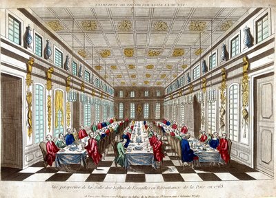 Veduta prospettica della Salle des Festins di Versailles in celebrazione della pace nel 1763 tra Gran Bretagna, Francia e Spagna da Unknown artist