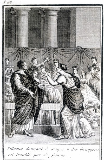 Pillacus che dà cena agli stranieri è turbato dalla moglie. da Unknown artist