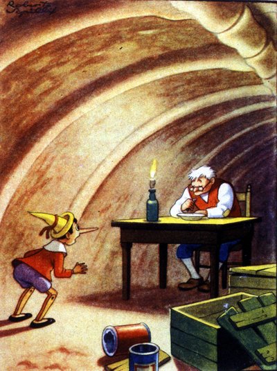 Pinocchio trova suo padre nella caverna di un enorme pesce. Illustrazione della fiaba di Carlo Collodi da Unknown artist