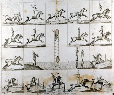 Tavola di 19 stampe raffiguranti le prodezze del voltigeur inglese Mr Price. Circa 1790. da Unknown artist