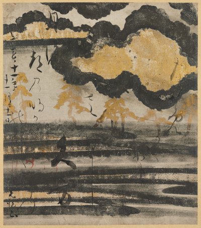Carta poetica dal Shinkokin wakashu (Nuova raccolta di poesie giapponesi dai tempi antichi e moderni) con disegno di pino su una spiaggia da Unknown artist