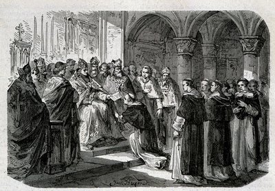Papa Adriano II (792-872) consegnò a uno dei suoi legati una bolla di scomunica contro il Signore Normanno. Incisione - in "Storia dei Papi", sd. XIX secolo da Unknown artist
