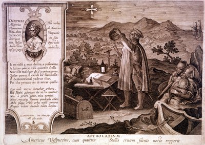 Ritratto di Amerigo Vespucci (1454 - 1512), navigatore italiano, rappresentato mentre usa un astrolabio. In un riquadro a sinistra è presente un ritratto di Dante Alighieri e un passaggio del primo canto del Purgatorio della Divina Commedia. Incisione del  da Unknown artist