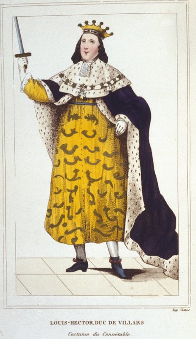 Ritratto di Claude, Louis, Hector, Duca di Villars, Maresciallo di Francia in costume da Connestabile (1653-1734) incisione del 1830 da Unknown artist