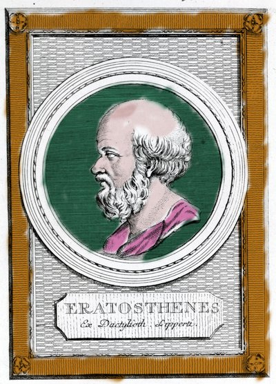 Ritratto di Eratostene di Cirene (ca. 284 a.C. - 194 a.C.), scienziato, geografo e poeta greco. Fu direttore della biblioteca di Alessandria e calcolò la misura del meridiano terrestre. Ritratto da: "Galleria degli antichi greci e romani" da Unknown artist