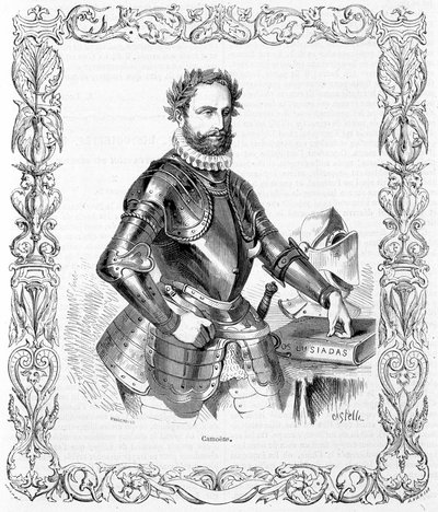 Ritratto di Luis de Camoens in armatura - incisione da Unknown artist