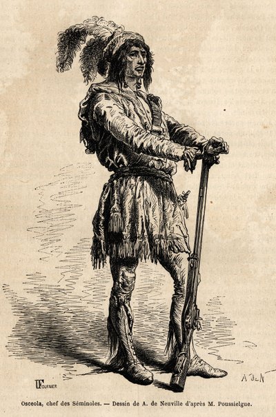 Ritratto di Osceola (1804-1838), capo dei Seminole, alla guida della resistenza indiana contro gli Stati Uniti durante la Guerra della Florida (1835-1842). Incisione per illustrare il racconto quattro mesi in Florida, di Achille Pousselgue nel 1851-1852, p da Unknown artist