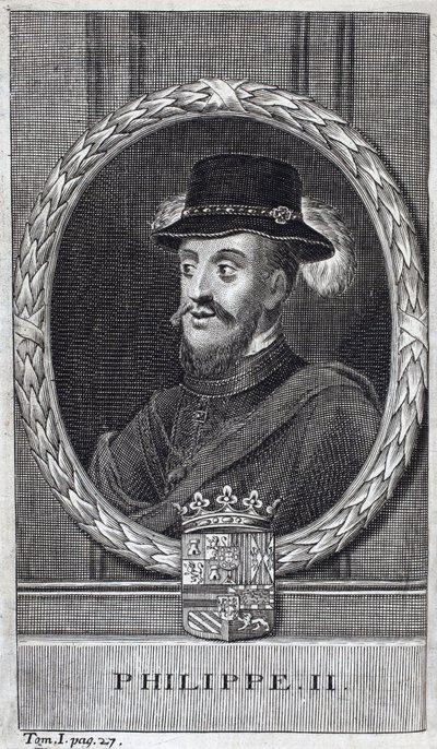 Ritratto di Filippo II di Spagna (Felipe) (1527-1598), Re di Spagna e Portogallo (incisione) da Unknown artist