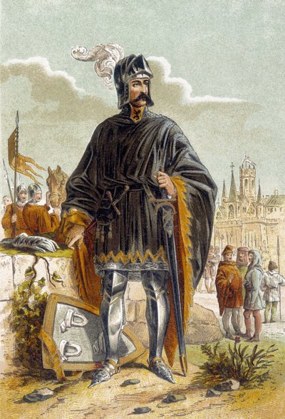 Ritratto di Philip van Artevelde (1340-1382), politico fiammingo e leader della rivolta dei tessitori di Gand contro il Conte Luigi II delle Fiandre noto come Luigi di Male o Maele (1381). Fu sconfitto e ucciso nella Battaglia di Rozebeke (1382). Cromolito da Unknown artist