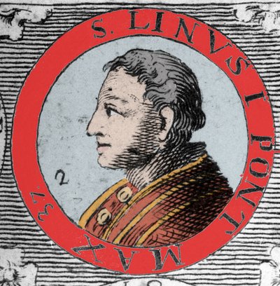 Ritratto di Papa Lino (San Lino), vescovo di Roma e successore di Pietro. I secolo. Incisione del XIX secolo da Unknown artist