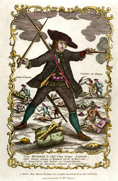 Ritratto del brigante francese Louis Mandrin (ca. 1725-1755). Dietro di lui, azione di Autun e battaglia di Baune. Incisione del XVIII secolo. Collezione privata da Unknown artist