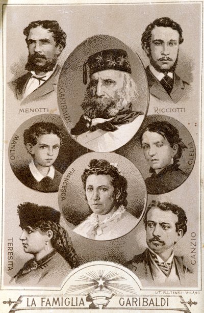 Ritratto del patriota italiano Giuseppe Garibaldi e membri della sua famiglia: Menotti, Ricciotti e Teresita, figli di Anita; Stefano Canzio, marito di Teresita; Francesca Armosino, terza moglie e i loro figli Clelia e Manlio da Unknown artist