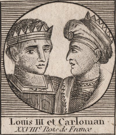 Ritratti di Luigi III (863/65-882) Re dei Franchi tra il 879 e il 882 e Carlomanno II (866-884), Re dei Franchi dal 879 al 884 - Luigi II Re della Francia Occidentale e Carlomanno II, Re della Francia Occidentale - incisione da 