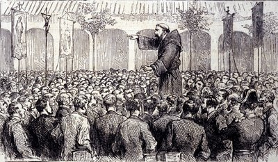 Predicazione di un monaco cappuccino ai pellegrini giunti a Lourdes nei Pirenei dove la Vergine apparve a Bernadette Soubirous nel 1858, attuale luogo di pellegrinaggio. Incisione del 1877 da Unknown artist