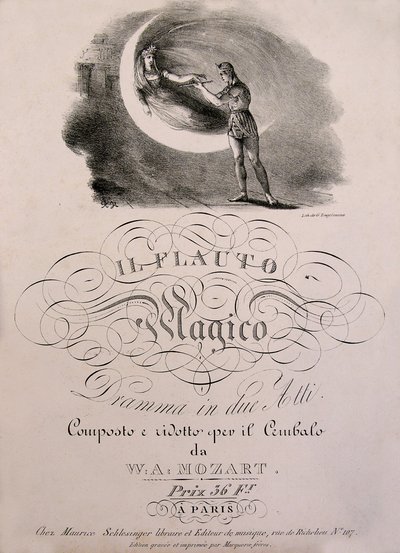 Il principe Tamino riceve il flauto magico dalla Regina della Notte, illustrazione di copertina del libro di partiture di "Il flauto magico" (Die Zauberflöte) (1791) di W.A. Mozart da Unknown artist